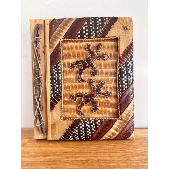 Handmade Vintage Tribal Photo Album: Bamboo & Leaf Cover, Embossed Lizards - Picture 1 of 4